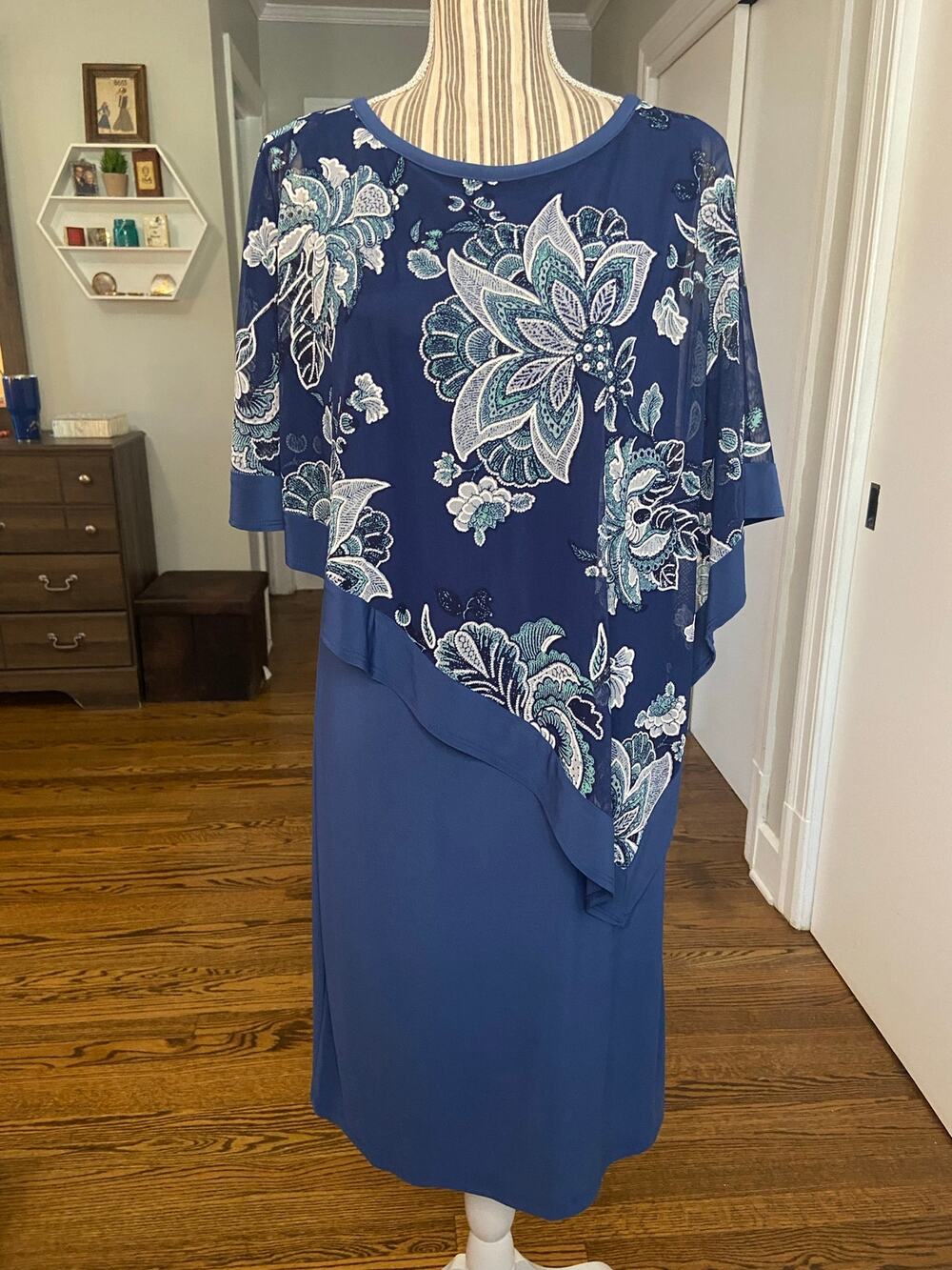 R&M Richards blue drapey knit tank dress with attached printed chiffon poncho